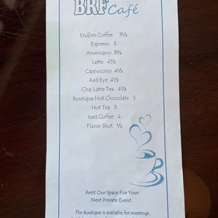 a menu for a coffee shop