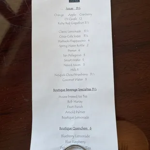 the menu for the restaurant