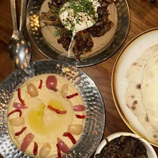 Short rib hummus (short rib on the side) and miso hummus with mushrooms