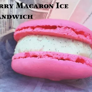 a strawberry macaron ice cream sandwich