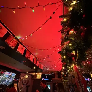 red ceiling with christmas lights