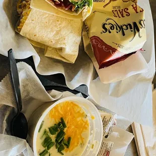 Lunch offerings/ wrap, potato soup, iced tea