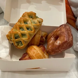Cronut, spinach @ feta cheese danish and bacon and sausage rolls. Yummy