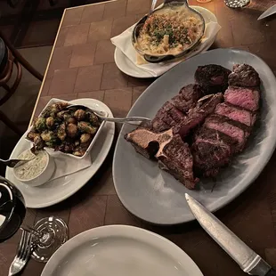 Porterhouse for two Mac and cheese and Brussels YUMMY!!!