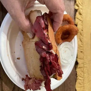 A view of the crispy grilled bits and the thinly sliced meat.