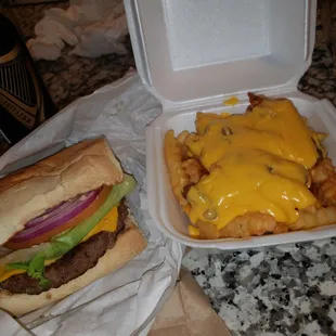 French burger and chilli cheese fries
