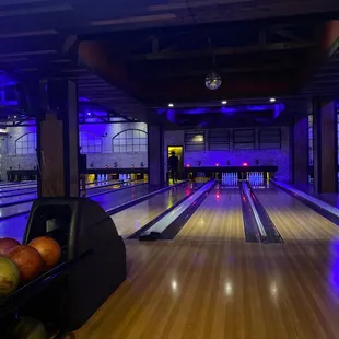 a bowling alley with bowling lanes