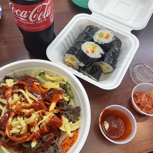 Bulgogi Bibimbap and Kimbap Crazy Roll, both delicious!