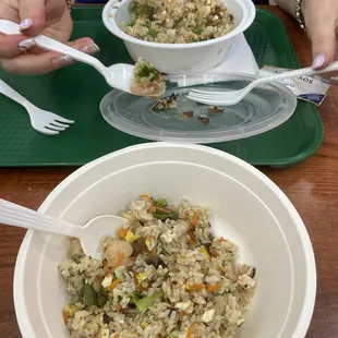 Single order of Fried Rice Plate with Shrimp and Egg, split between two people.