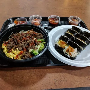 Rice bowl with Bulgogi and Fried shrimp Kimbap .. .so good!!