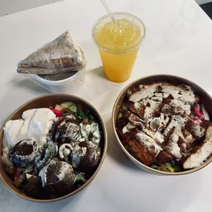 Falafel bowl on the left. Chicken cream chop on right. Lentil soup and fresh squeezed orange juice on top.