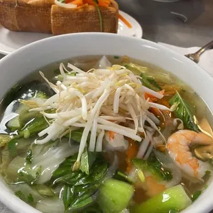 Vegetable pho, pork banh mi, and pork vermicelli