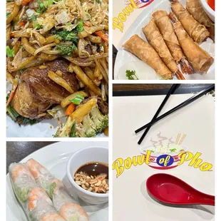 Let&apos;s dig in with the chopsticks! ƪ(*‿*)ノUdon Stir Fried, Fried Shrimp Rolls and Spring Rolls with peanut sauce.