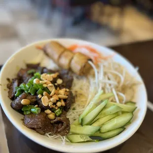 beef, noodles, and cucumbers