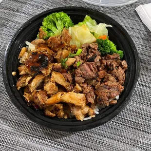 meat, broccoli, and rice