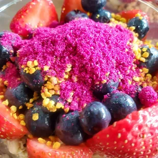 Strawberries, blueberries, bee pollen, &amp; podwered dragon fruit