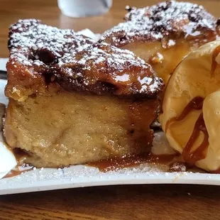 Banana bread pudding with vanilla ice cream.