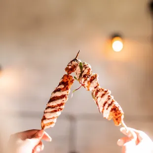 a person holding a skewer of food