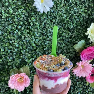 Build your own bowl with acai, coconut and pataya layered bases.