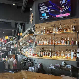 a bar with shelves of liquor