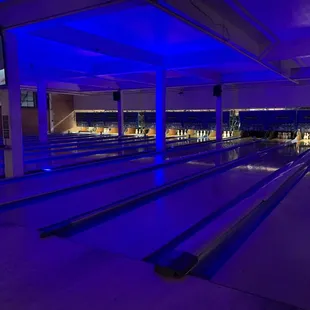 a bowling alley at night