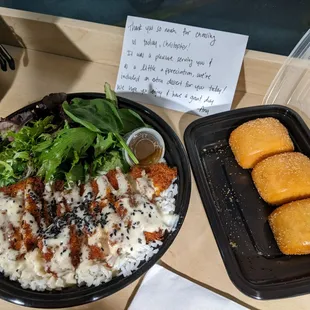 Crispy Garlic Aioli Chicken Rice Bowl (Large) with Cinnamon Sugar Bao-Nuts