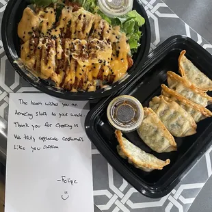 Crispy Vegetable Dumplings and Crispy Sesame Aioli Chicken Rice Bowl