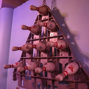 a rack of bowling balls