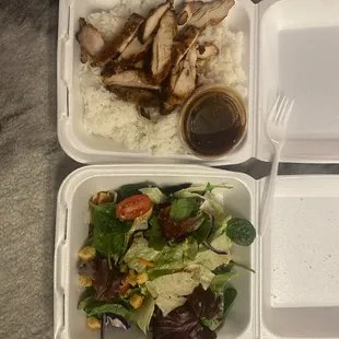 Spicy teriyaki chicken over steamed rice with a side garden salad.