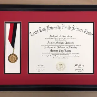 Diploma and document framing services, including tassels and honors medallions.