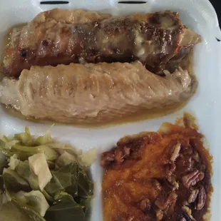 Smothered Turkey Wings no taste Cabbage and unstrained Sweet Potatoes casserole with huge Pecans smh