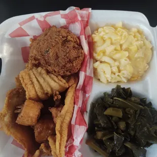 Seafood Platter crab Cake catfish scallops-2 Shrimp-2 Collard Greens and Mac and Cheese