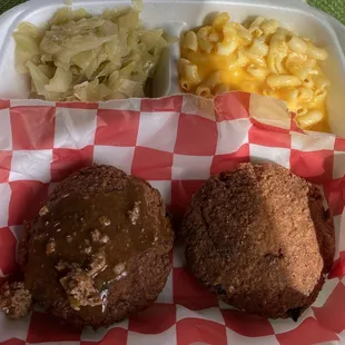 Salmon cakes. The meatloaf gravy on the left is all my doing ;)