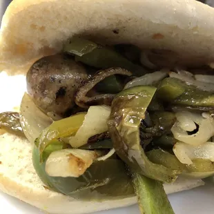 a sausage and peppers sandwich
