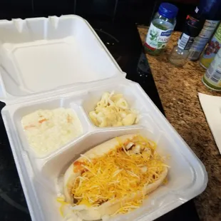 The $7 box - Coney pup, Cole slaw, and mac n cheese