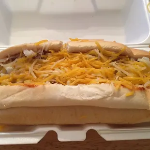 The Coney Dog with cheese (even though I asked for NO CHEESE.)