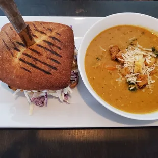 Smoky Barbecue sandwich (barbecue tempeh and cabbage slaw on a ciabatta roll) with soup of the day (Smoky Lentil Soup) instead of chips