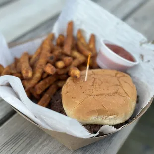 Plain hamburger, fries with extra seasoning
