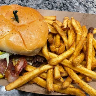 french fries and a bacon sandwich