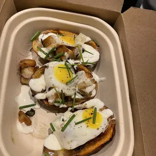 Potato skins with pork belly and quail egg