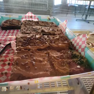 Fudge brownies with chocolate chips.