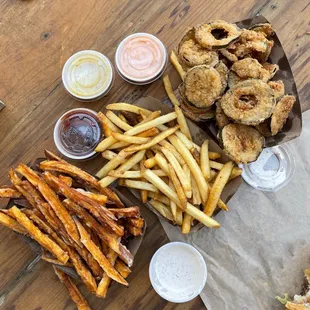 Sweet potato fries, regular fries, fried pickles