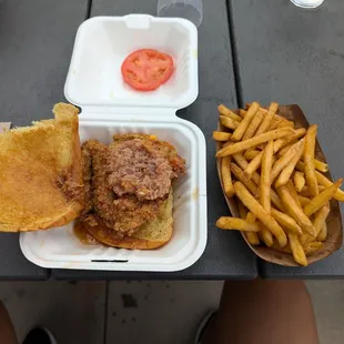Chicken Not So Waffle Sandwich and Fries
