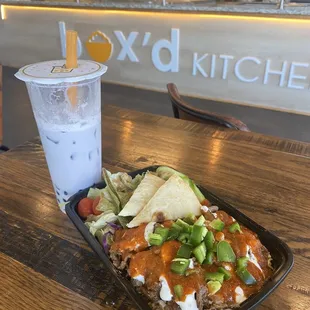 Taro Bubble Tea &amp; Steak over Rice &amp; Salad