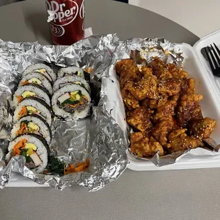 Bulgogi Kimbap and spicy fried checken