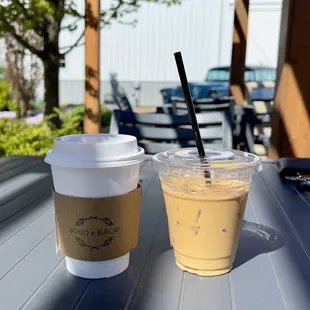 Hot lavender latte and iced double shot espresso with half &amp; half