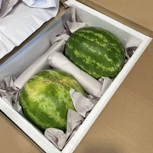 two watermelons in a box