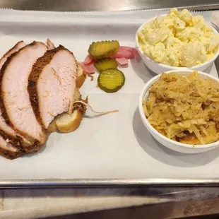 1 meat combo with turkey, potato salad,  and cheesy potatoes