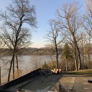 a view of a lake and trees