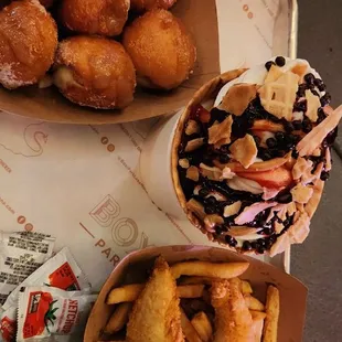 Apple pie donut holes, PB&amp;j ice cream sundae, and chicken strips &amp; fries